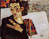 Egon Schiele Famous Paintings - Self Portrait with Black Vase and Spread Fingers